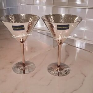x2 Tommy Bahama Pink METALLIC Hand HAMMERED LOOK REFLECTIVE MARTINI GLASS SET